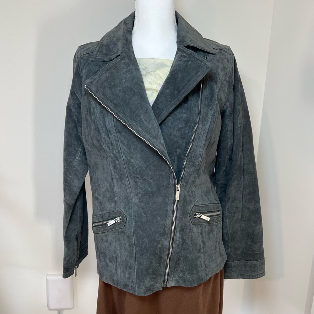 Dennis Basso Cool Dark Gray Suede Leather Zip-Up Jacket‎ ☕️🩶